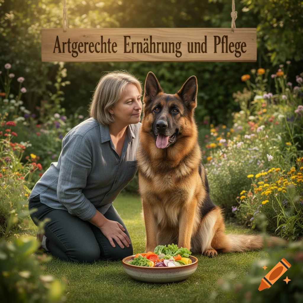 A woman kneels with a German Shepherd dog in a garden, next to a salad bowl. A sign above reads 'Artgerechte Ernährung und Pflege'. Photorealistic.