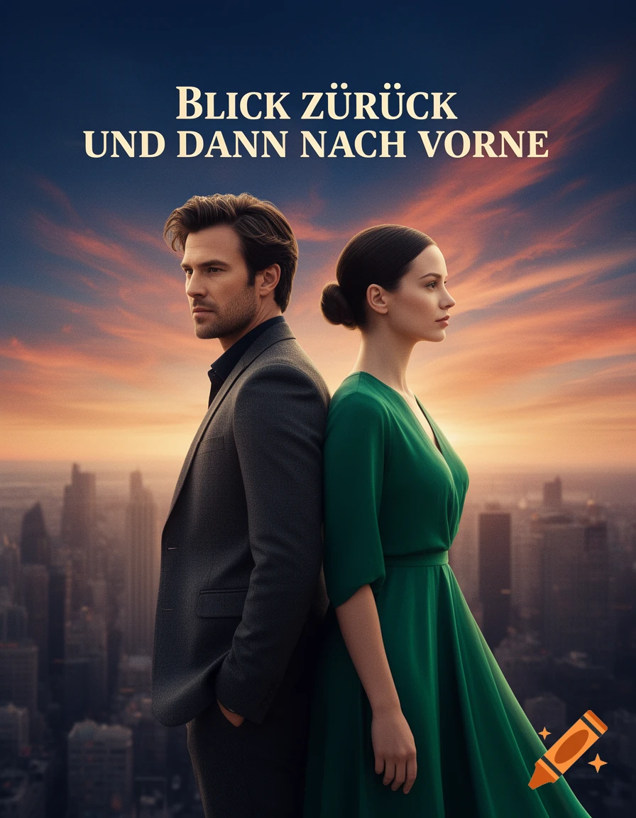 Movie poster of a man and woman standing back-to-back against a sunset city skyline, with text "BLICK ZÜRÜCK UND DANN NACH VORNE".