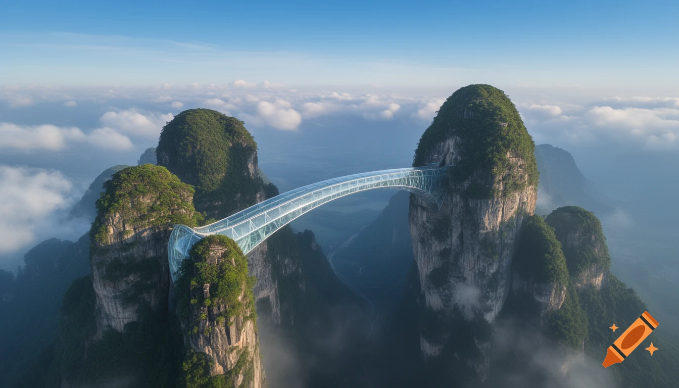 A photorealistic image of a long glass bridge connecting two tall, green, rocky mountains above a cloudy valley.