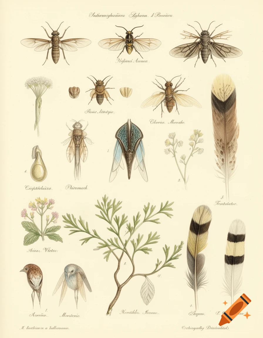 Vintage-style scientific illustration plate featuring various insects, plants, and feathers on a light background.
