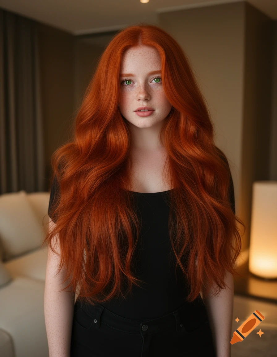 Photorealistic portrait of a young woman with long wavy red hair, green eyes, and freckles, wearing a black shirt.
