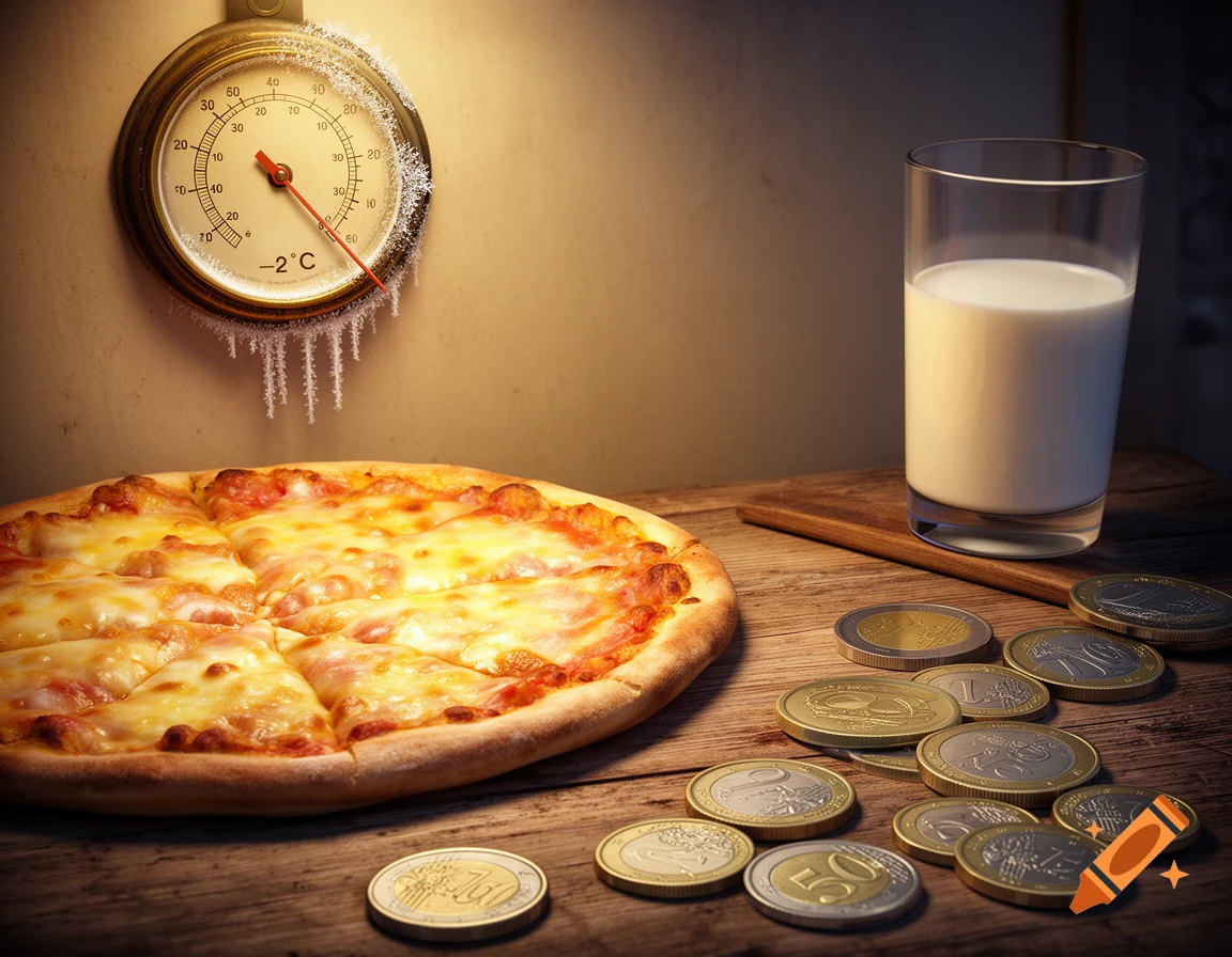A still life showing a sliced pizza, a glass of milk, and scattered Euro coins on a wooden table, with a frosted thermometer displaying -2°C on the wall.