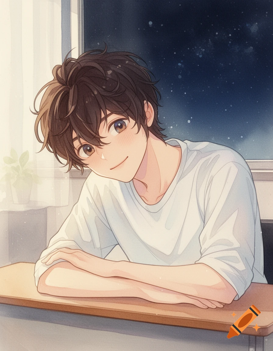 Anime-style young man with fluffy brown hair sits at a desk, smiling softly, with a starry night sky visible outside a window.