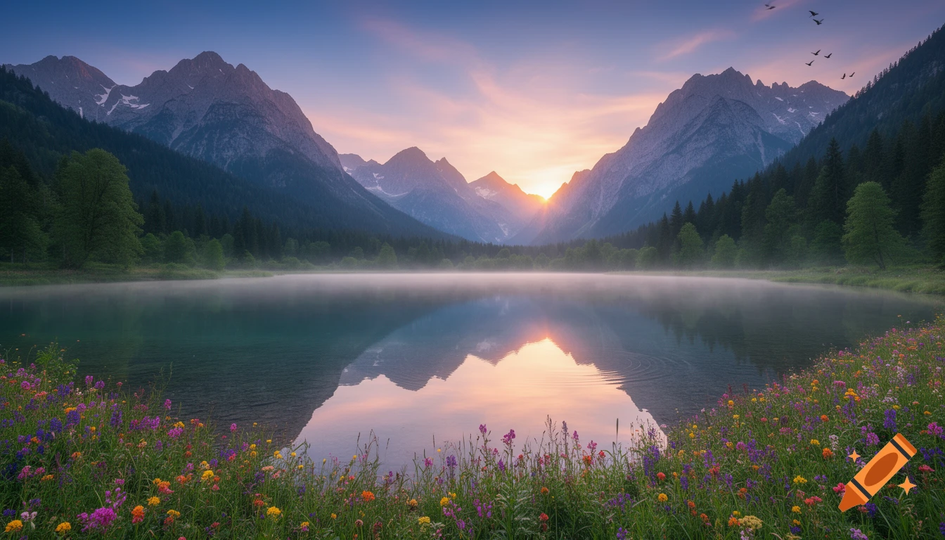 Panoramic view of a misty mountain lake reflecting a vibrant sunrise, framed by colorful wildflowers in the foreground.