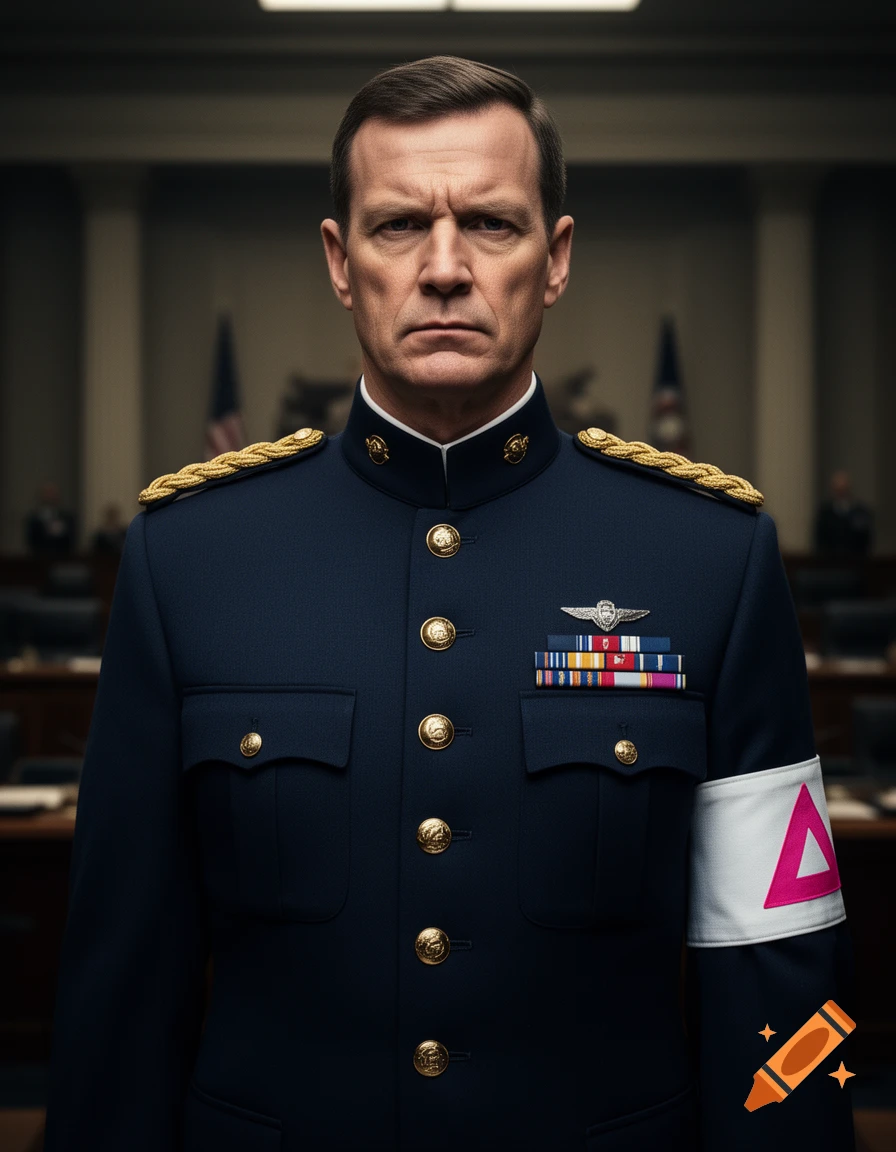 A photorealistic portrait of a stern military general in a dark blue uniform with gold epaulets, medals, and a white armband with an upside-down pink triangle.