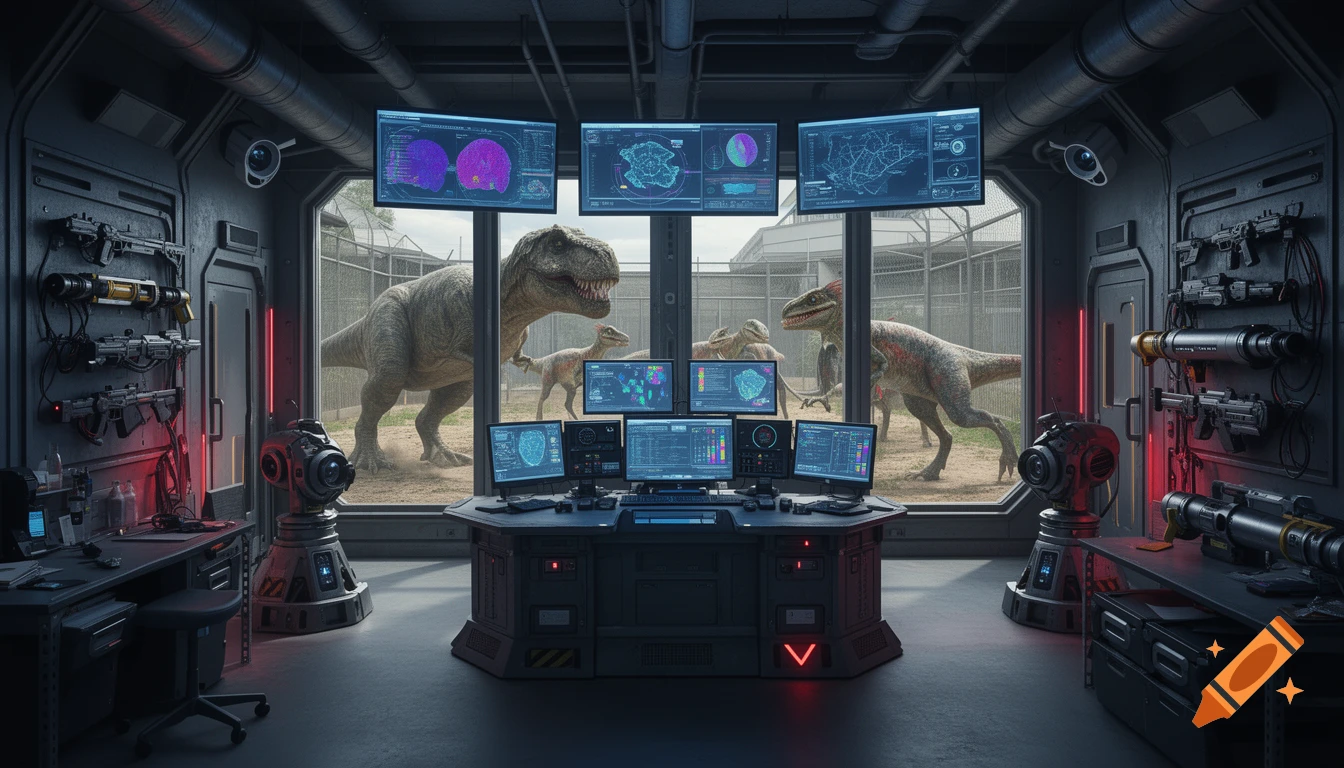 Futuristic control room overlooking a dinosaur enclosure with monitors and mounted weapons.