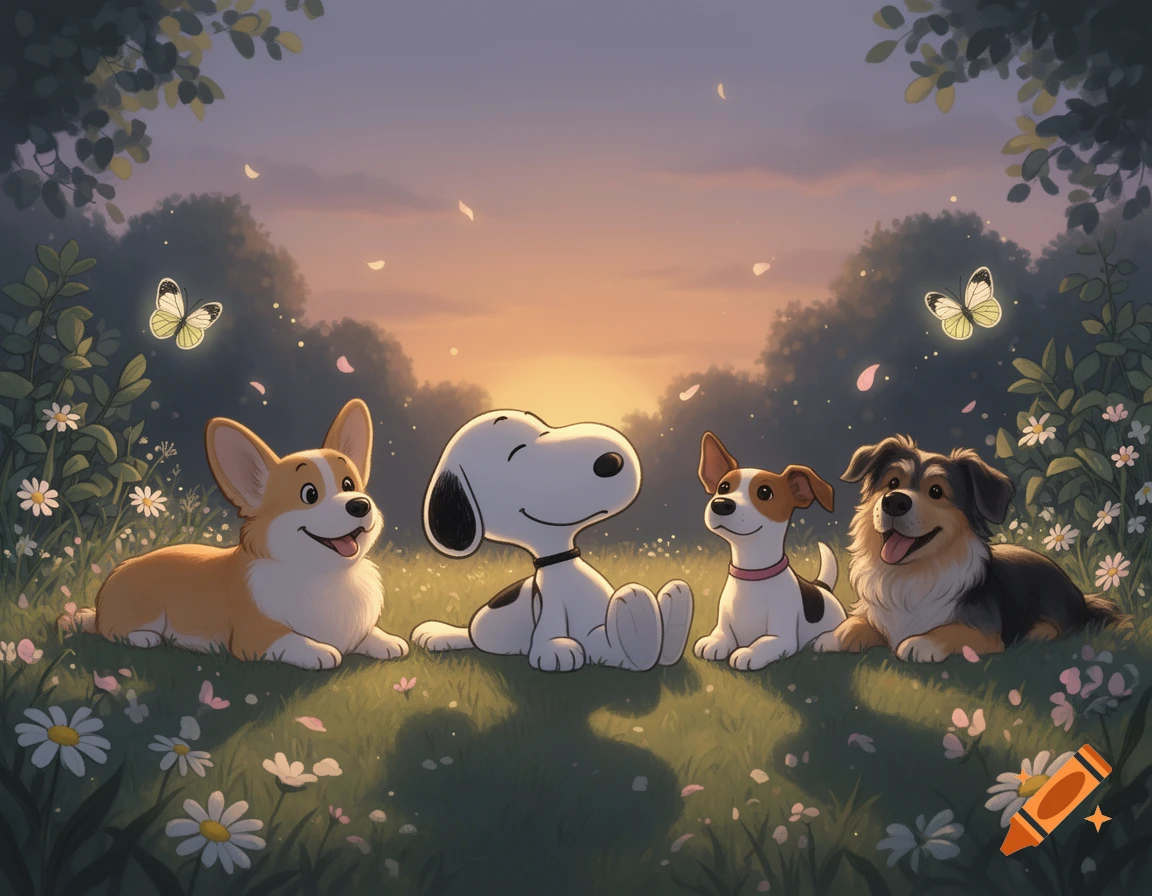 Digital illustration of Snoopy and three other dogs chilling in a grassy garden at sunset with butterflies.