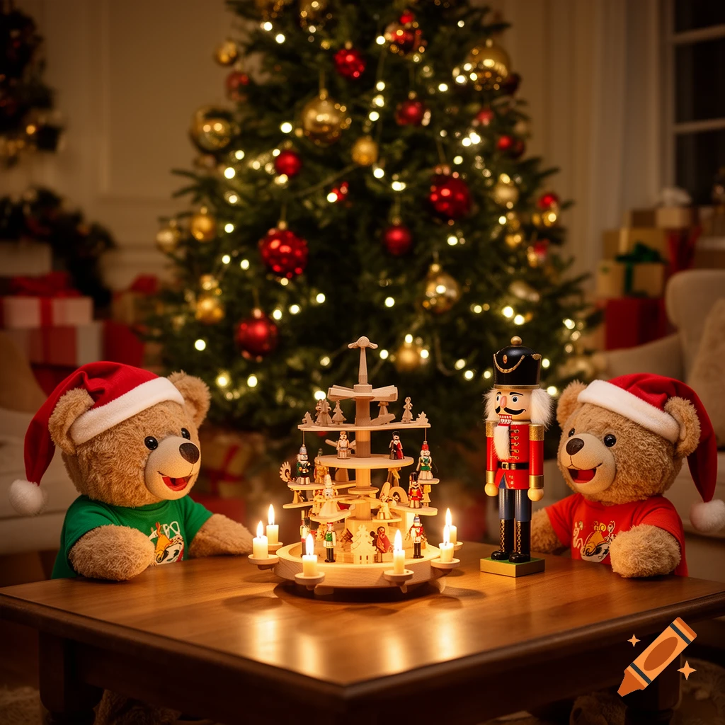 Photorealistic scene of two teddy bears in Christmas hats sitting at a table with a wooden pyramid and a nutcracker, in front of a lit tree.
