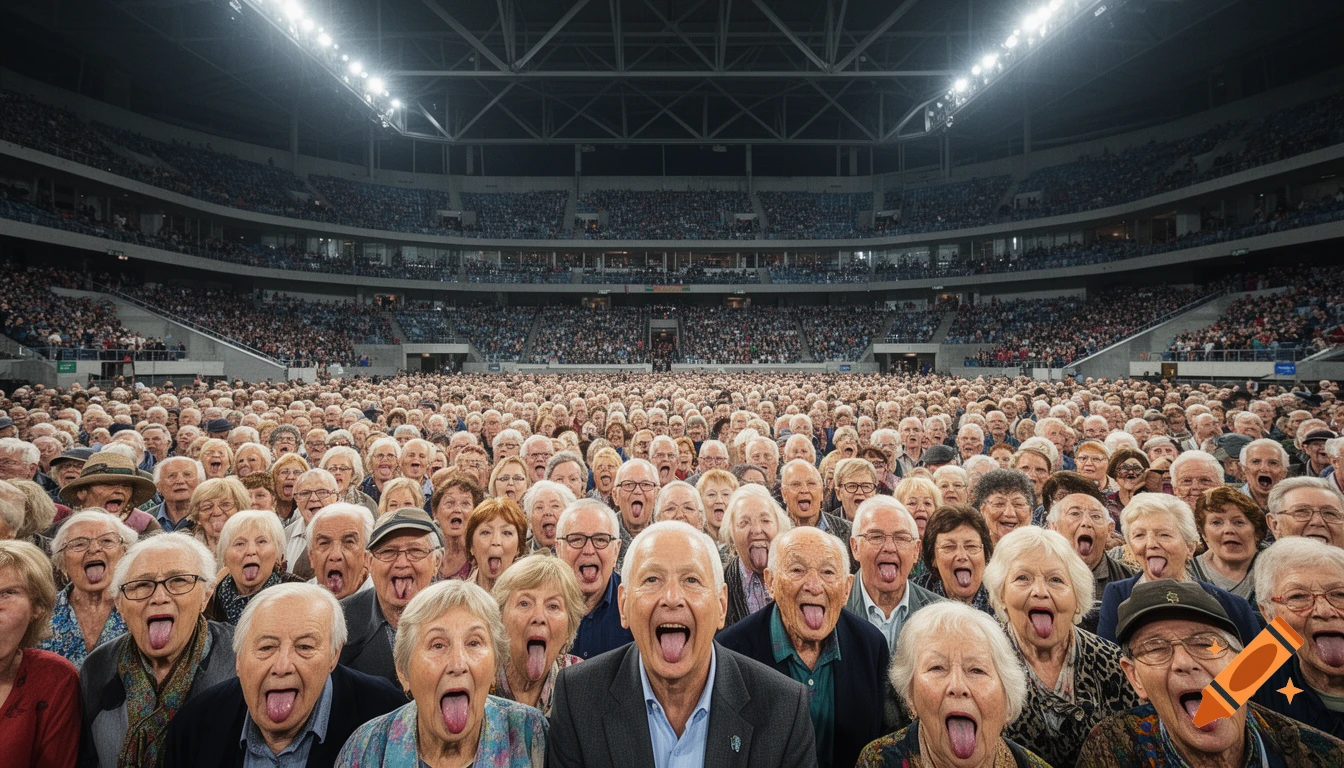 Photorealistic image of a massive stadium filled with a huge crowd of elderly people with their tongues out surrounding the camera.