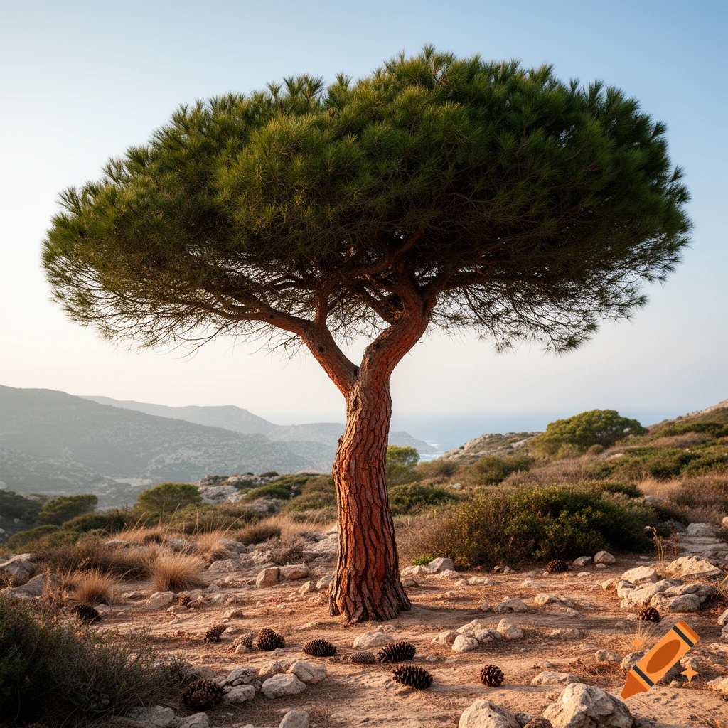 Photorealistic image of a lone pine tree with a flat-topped canopy in a rocky, mountainous landscape during daylight.
