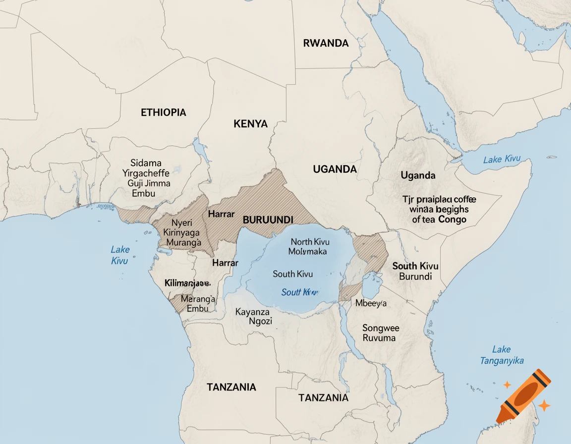 Educational map of East Africa showing coffee regions with country labels and lakes.