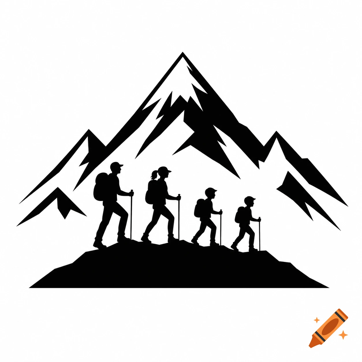 Black and white vector style logo featuring a family of four hiking up a snowy mountain peak.
