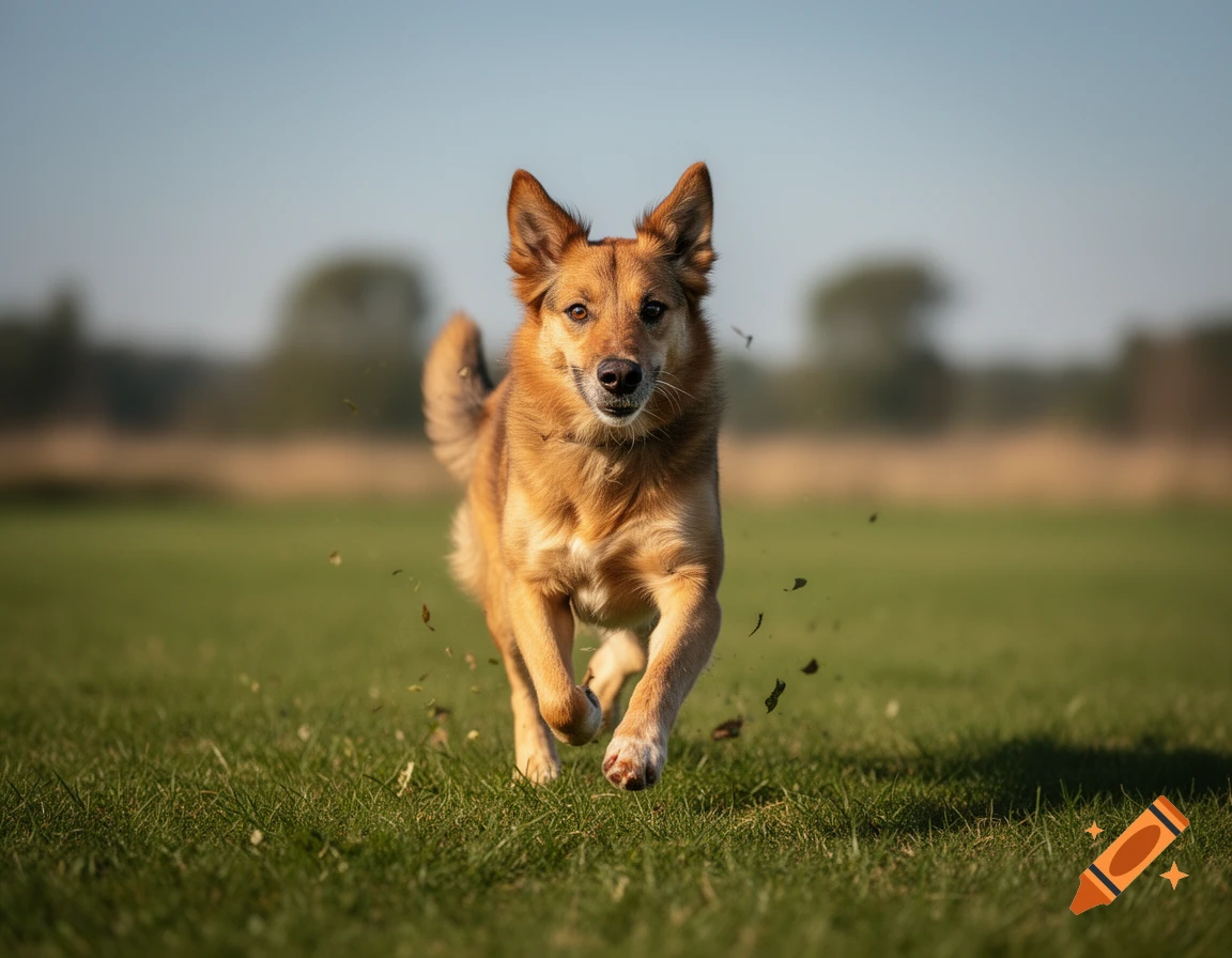 Photorealistic image of a brown mixed-breed dog running towards the camera across a green field under a clear blue sky.
