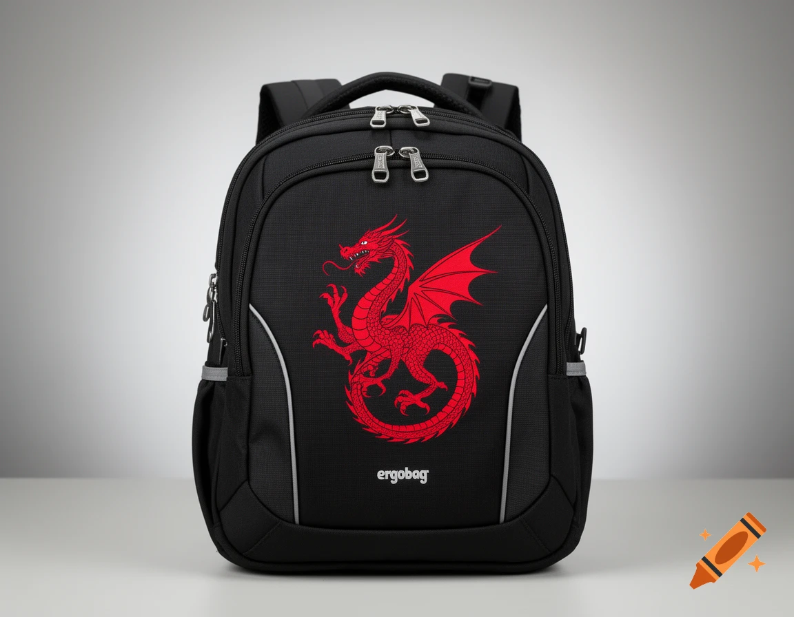 Black school backpack with a red dragon illustration and ergobag logo on a grey background.