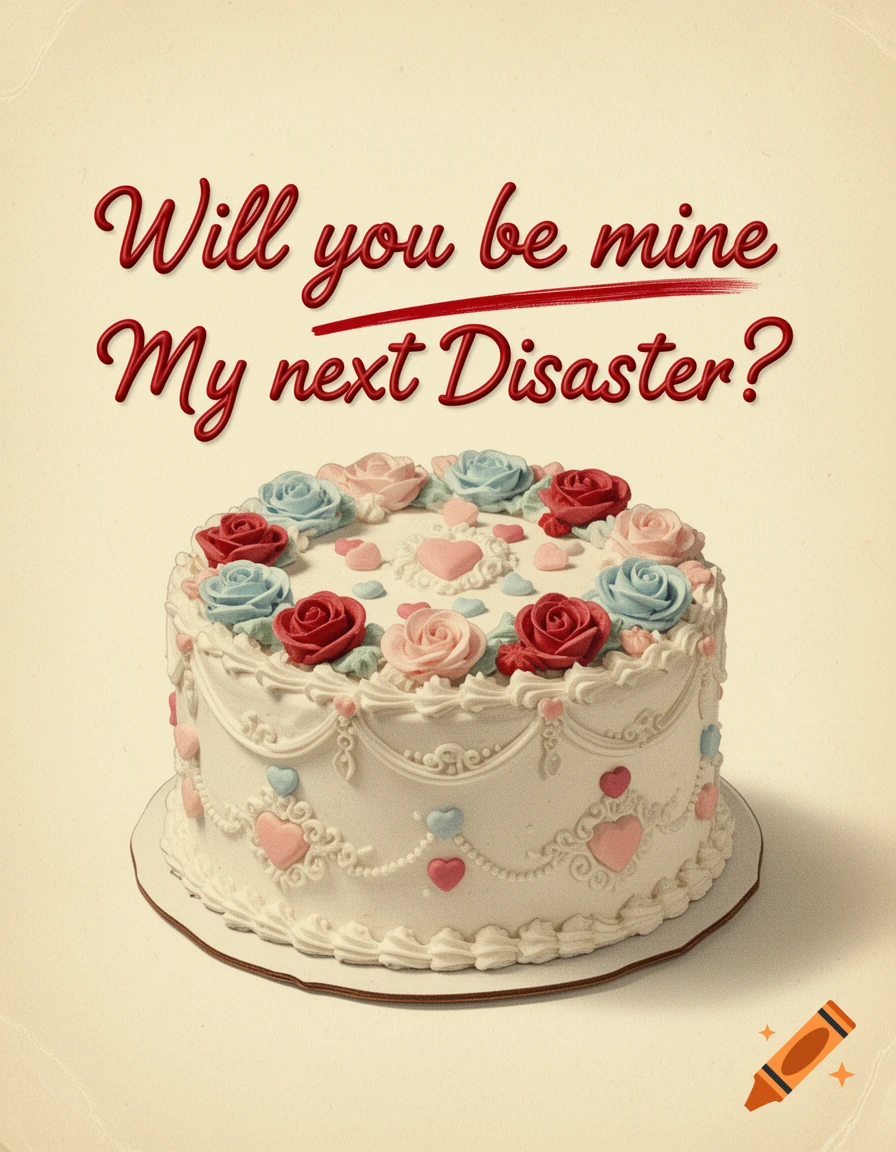 Vintage style Valentine's Day card featuring a decorated cake with red and blue icing roses and text reading Will you be mine My next Disaster