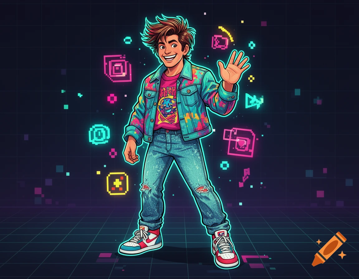 2D digital illustration of a cheerful young man from the 80s waving, with neon retro gaming elements in the background.