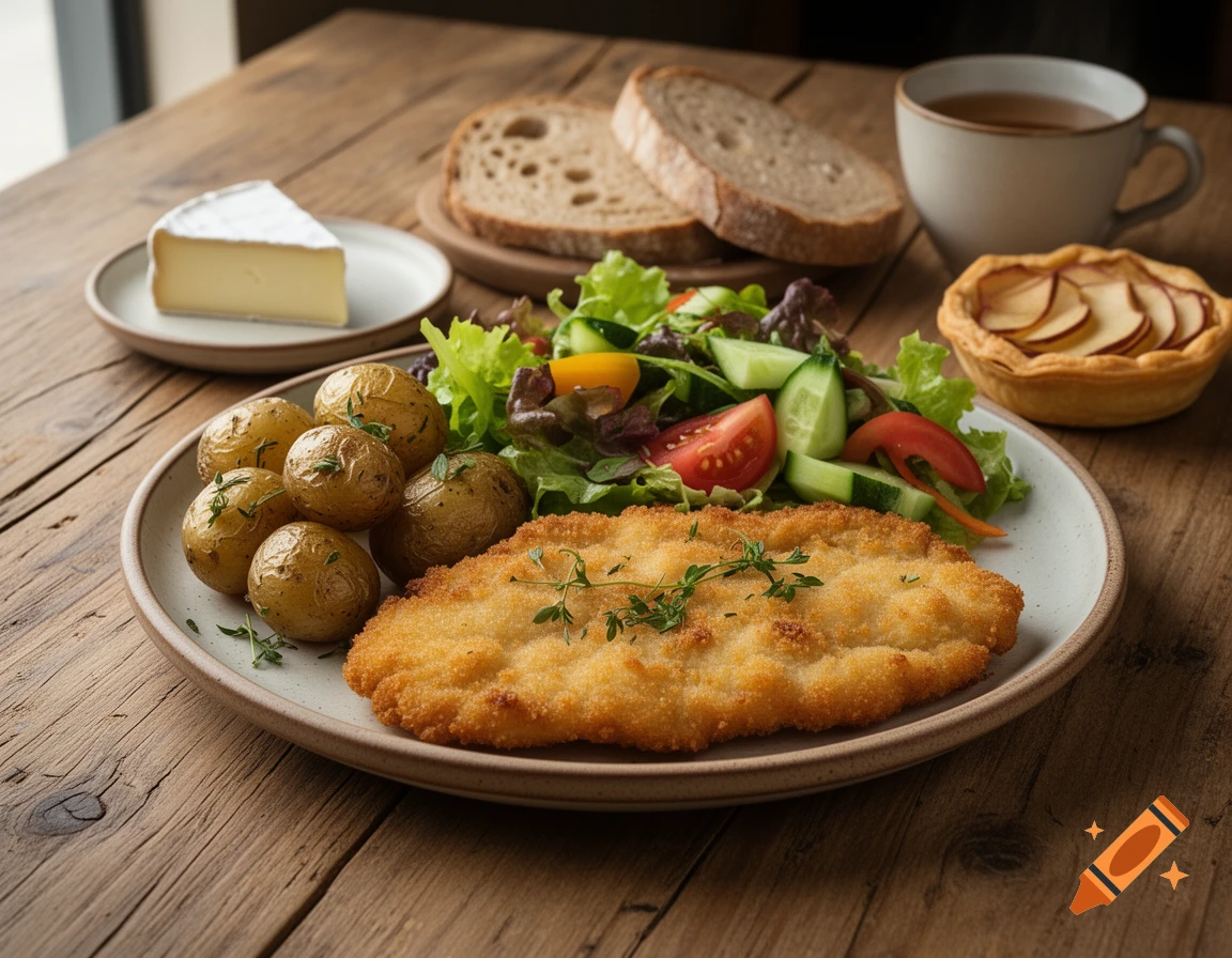 Photorealistic close-up of a rustic wooden table with a plate of crispy chicken schnitzel, roasted potatoes, and a fresh salad, alongside bread, cheese, apple tart, and tea.