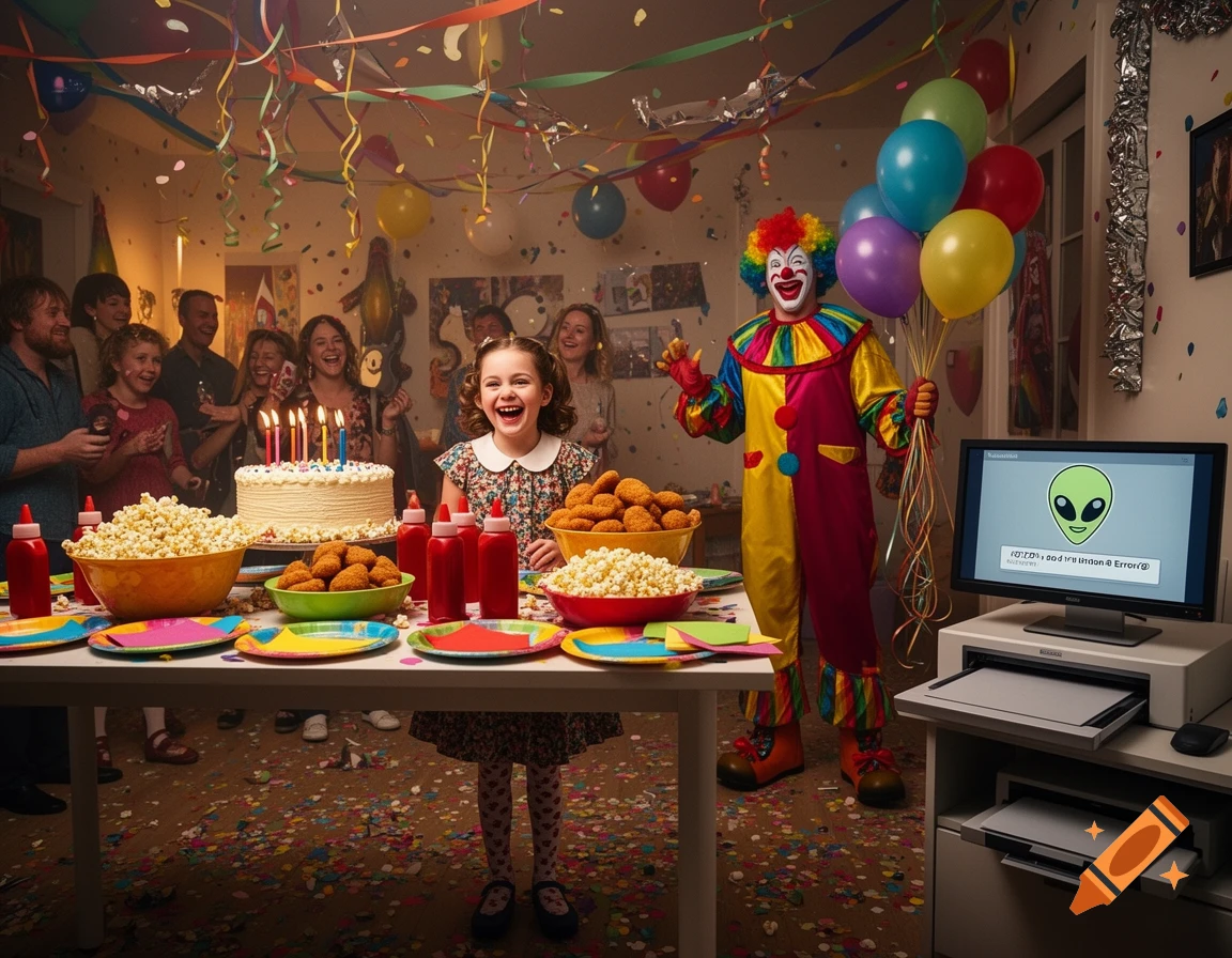 Photorealistic birthday party scene with children, a clown holding balloons, a table with cake and snacks, and a computer monitor.