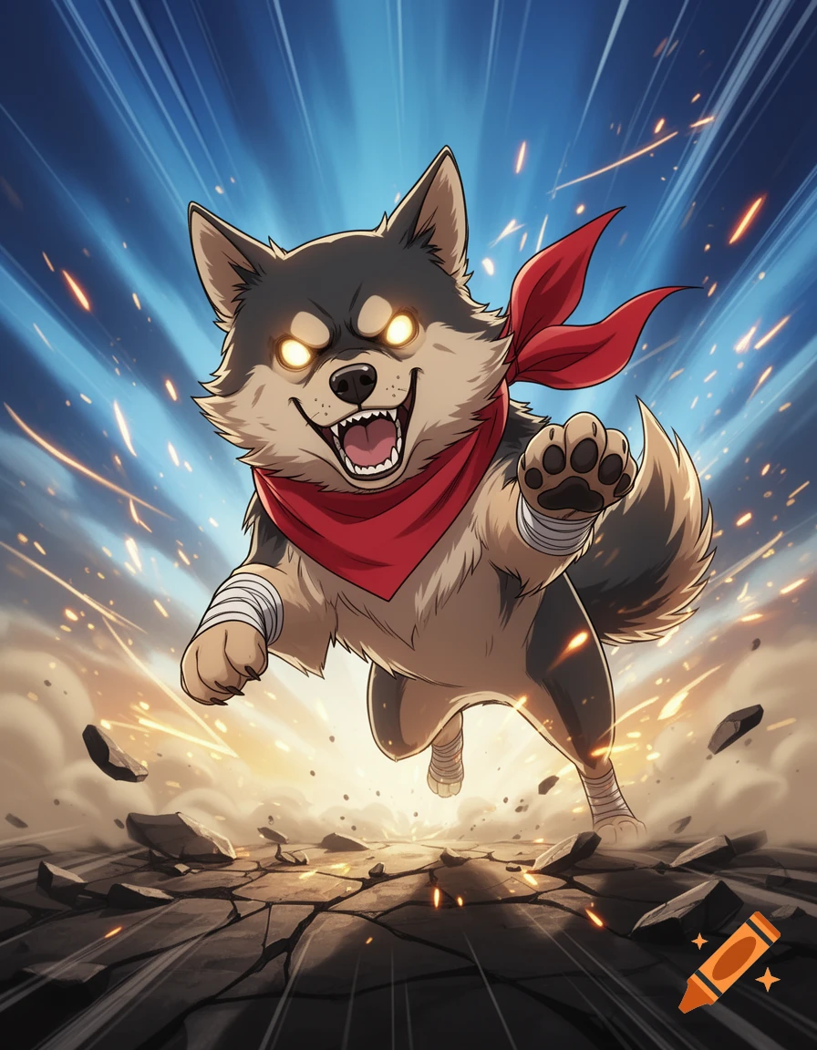 An anime-style black and red dog with glowing eyes and wrapped paws leaping into action amid flying debris.