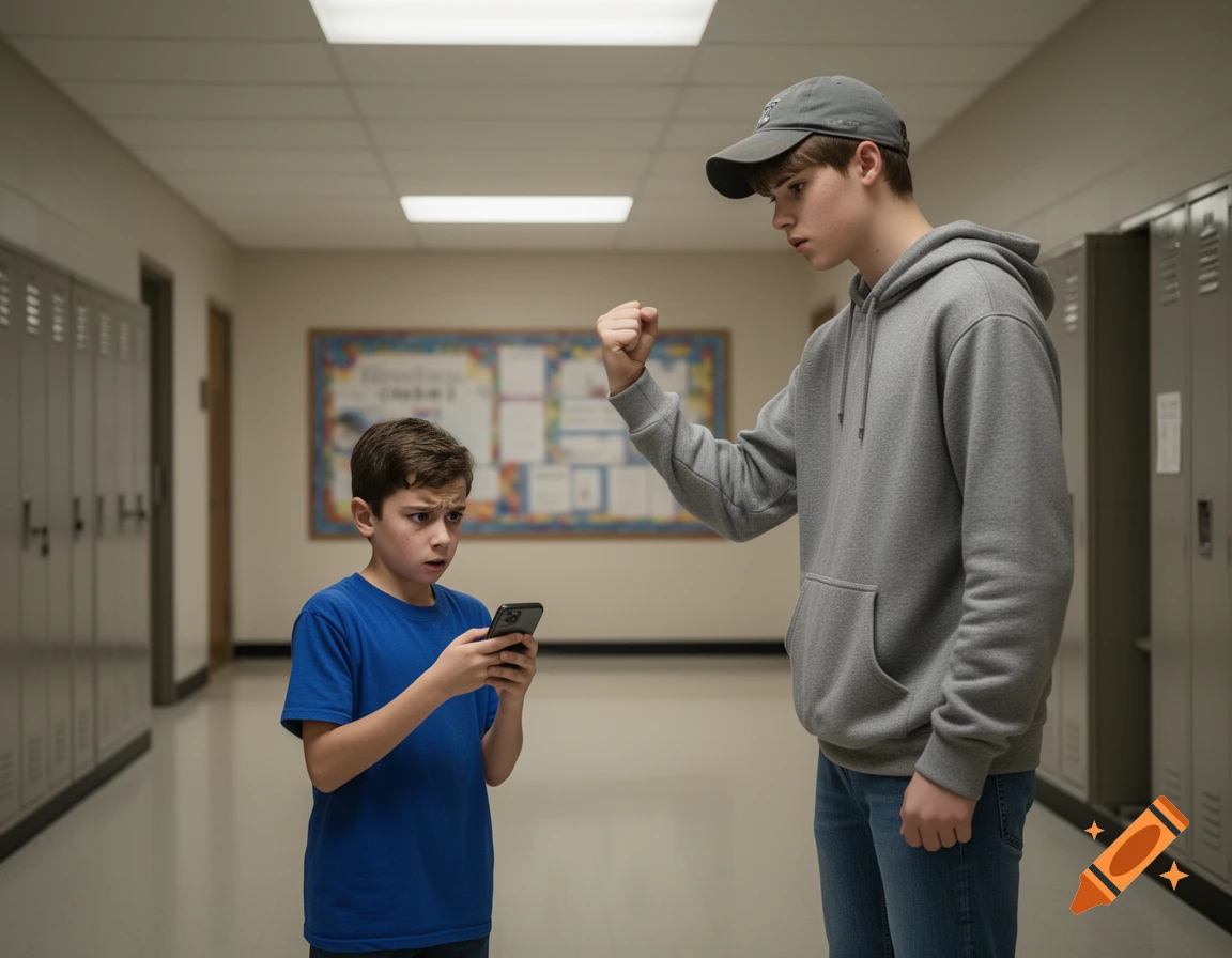 Photorealistic scene of a teenage boy in a grey hoodie threatening a scared younger boy holding a phone in a school hallway lockers background.