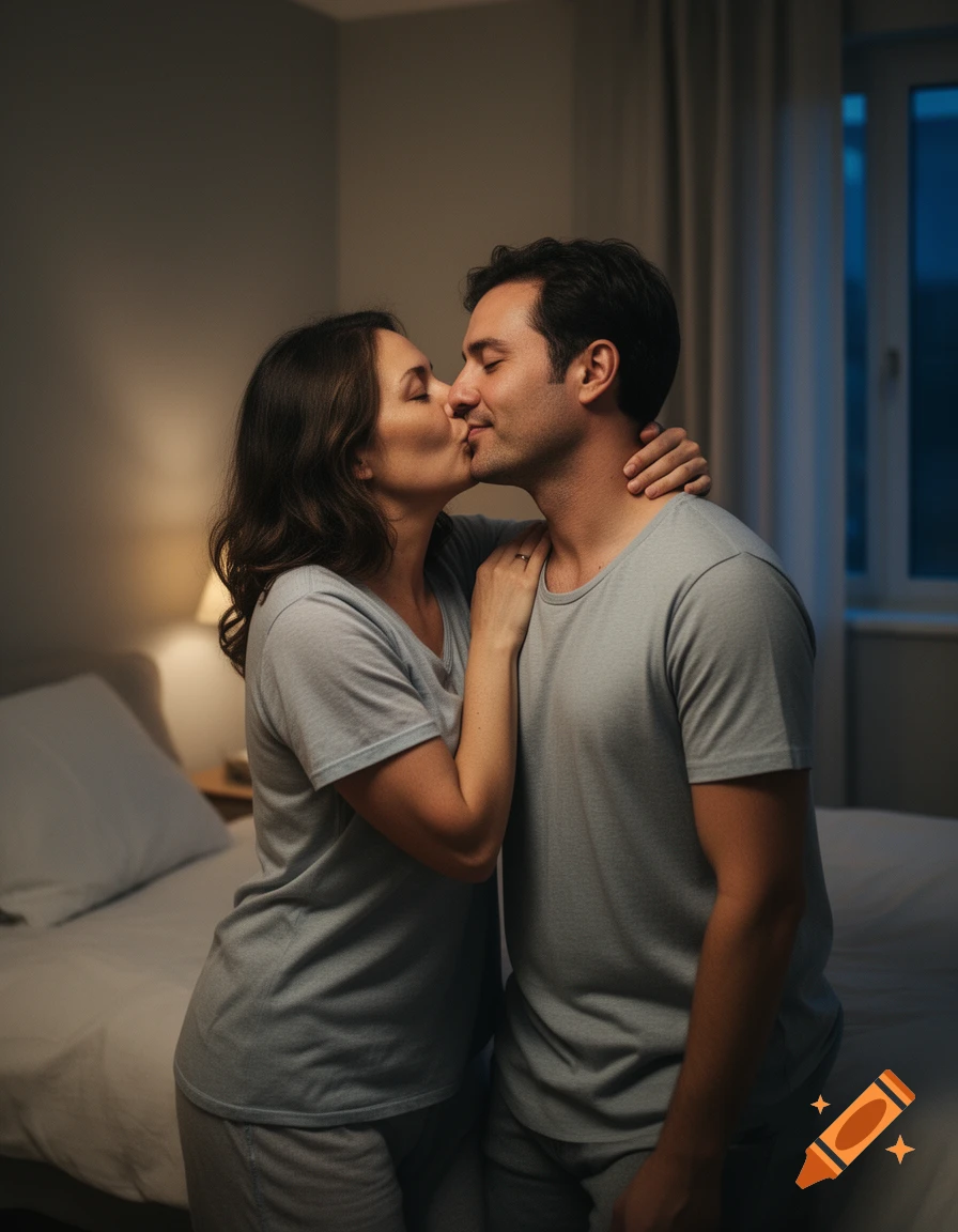 Photorealistic image of a woman kissing a man on the cheek in a dimly lit bedroom at night.