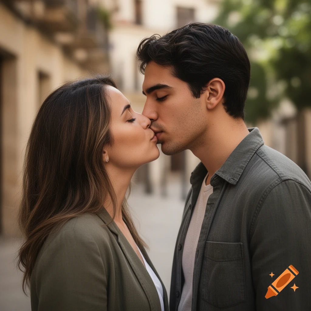 Photorealistic close-up of a young couple kissing outdoors in a city street.