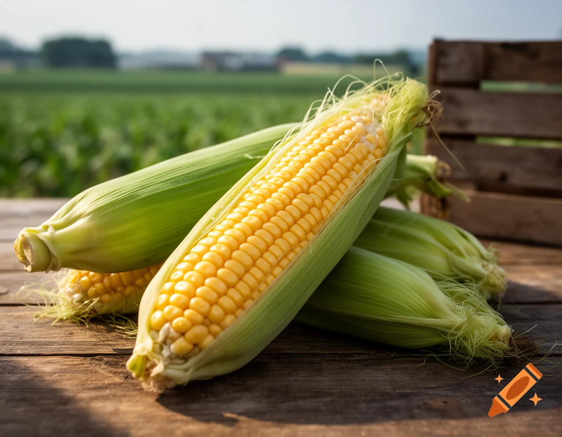Photorealistic close-up of fresh corn on the cob with green husks on a rustic wooden table with a blurred farm background.