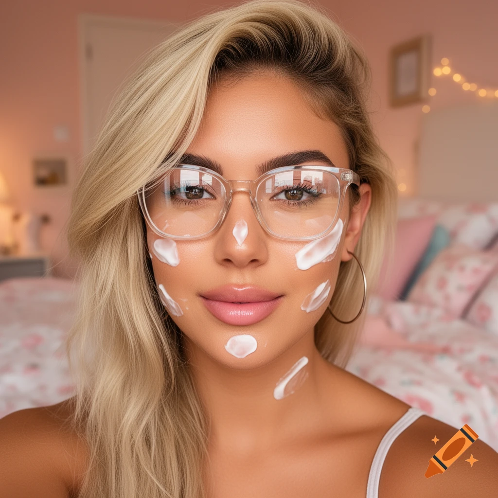 Close-up selfie of a young blonde woman with glasses and moisturizer dots on her face, in a pink bedroom.