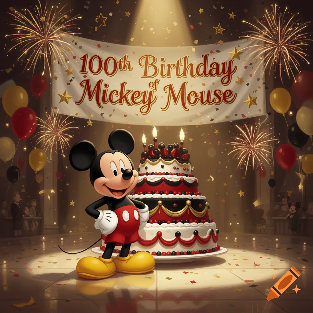 Mickey Mouse stands smiling next to a large tiered birthday cake with a banner reading 100th Birthday of Mickey Mouse, surrounded by fireworks and balloons.