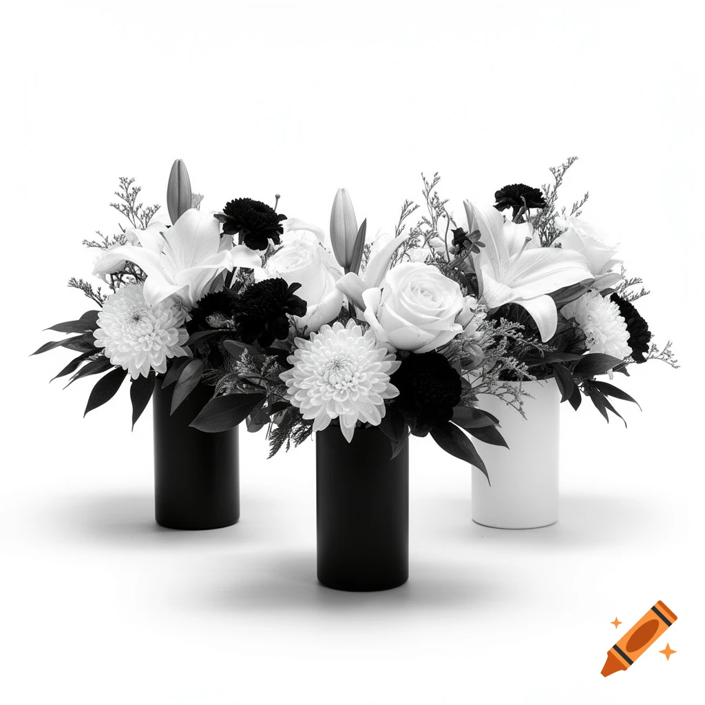 Black and white photograph of three floral arrangements in black and white vases against a white background.