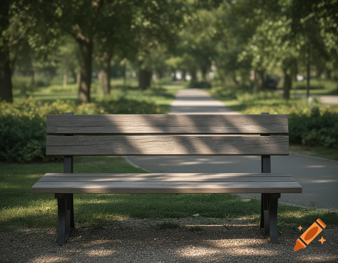 A wooden park bench sits on a gravel path surrounded by green trees in a park, photorealistic.
