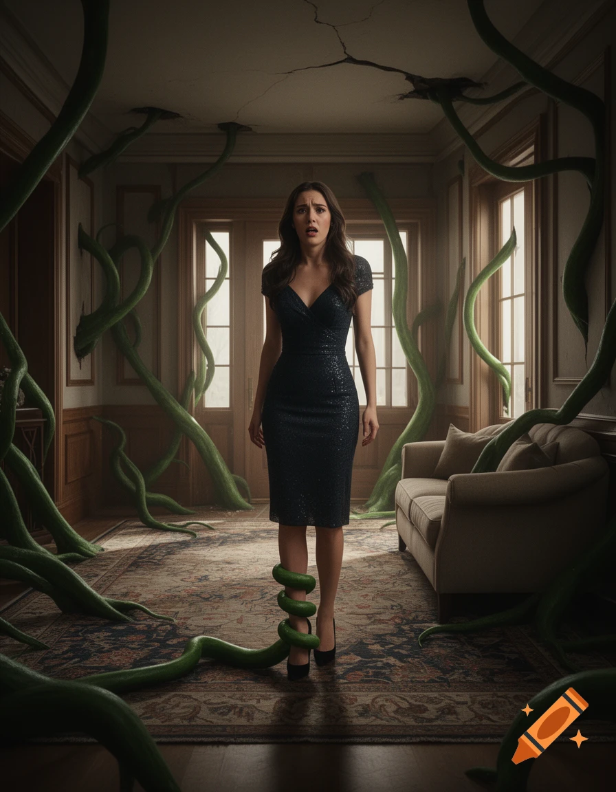 Photorealistic image of a woman in a dark dress standing in a living room as thick green tendrils coil around her ankle and emerge from the walls.