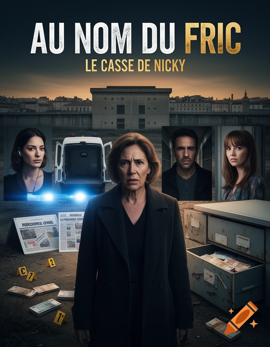 Movie poster for 'Au Nom Du Fric' featuring a mature woman in a coat centrally positioned, surrounded by police vans, evidence markers, and inset portraits of characters.