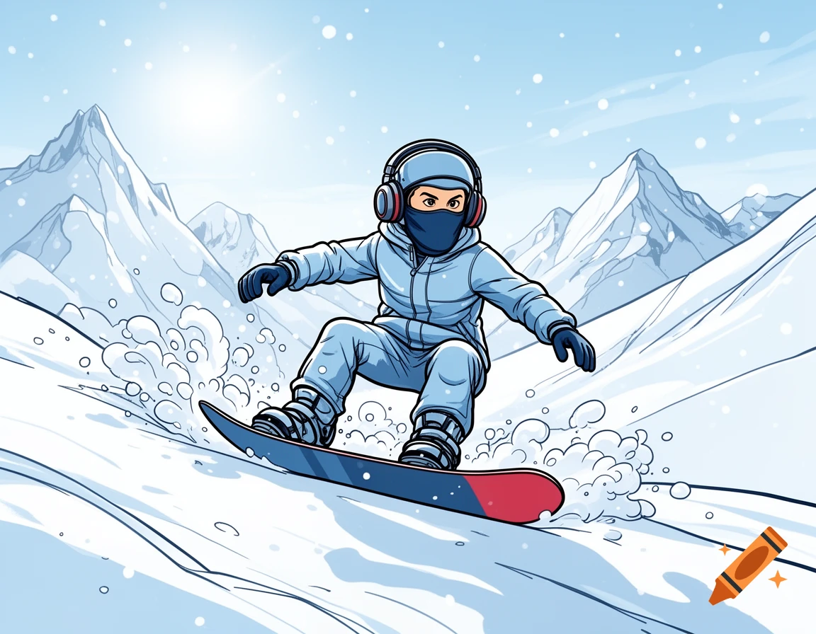 Comic illustration of a snowboarder wearing headphones and a face mask riding down a snowy mountain slope.