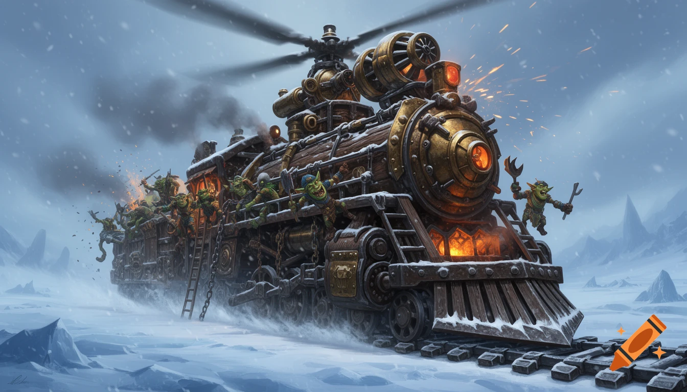 Steampunk wooden train with helicopter blades and goblin crew driving through a snowy landscape, digital illustration style.