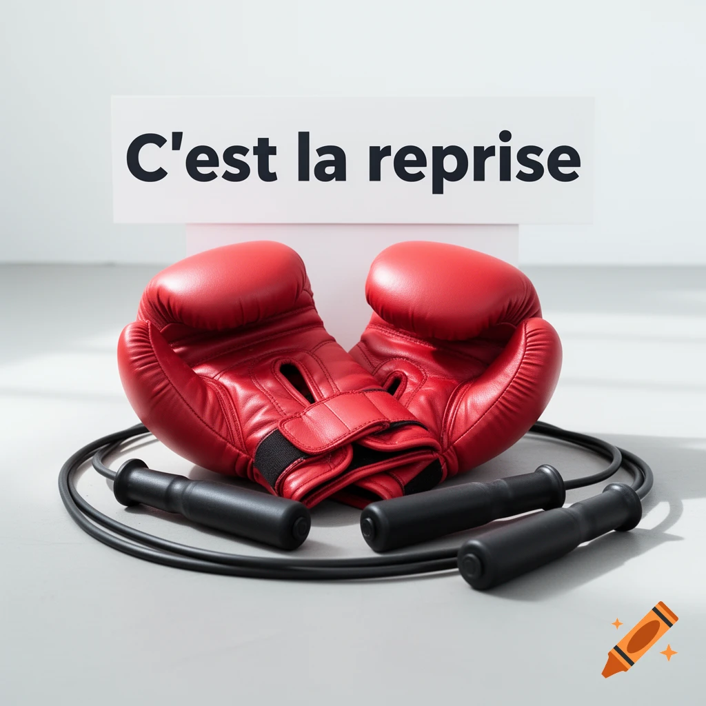 Red boxing gloves and a black jump rope on a light gray surface in front of a white sign that reads C'est la reprise.