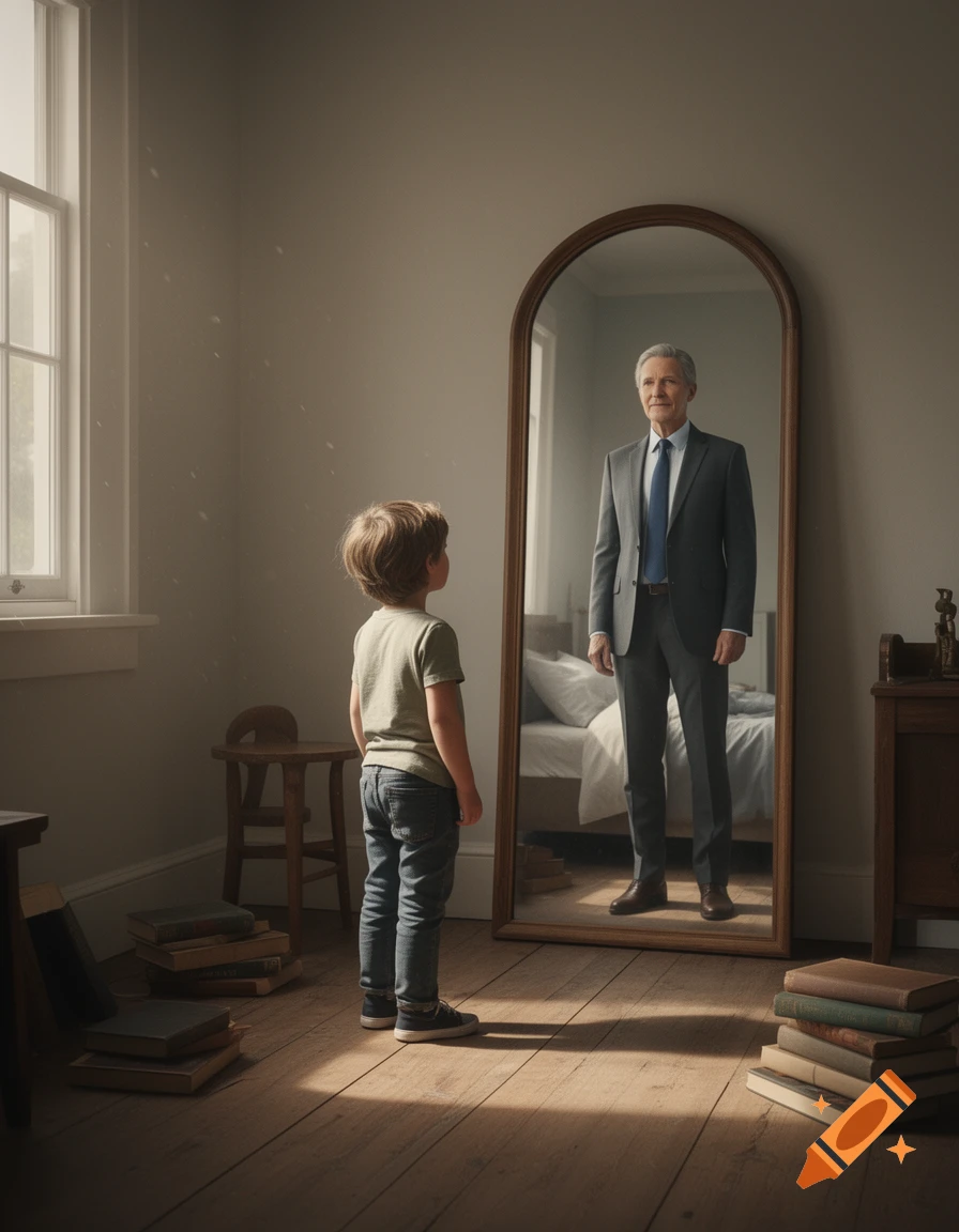 A young boy in a t-shirt and jeans stands in a room looking into a tall arched mirror, seeing his reflection as an adult man in a suit.