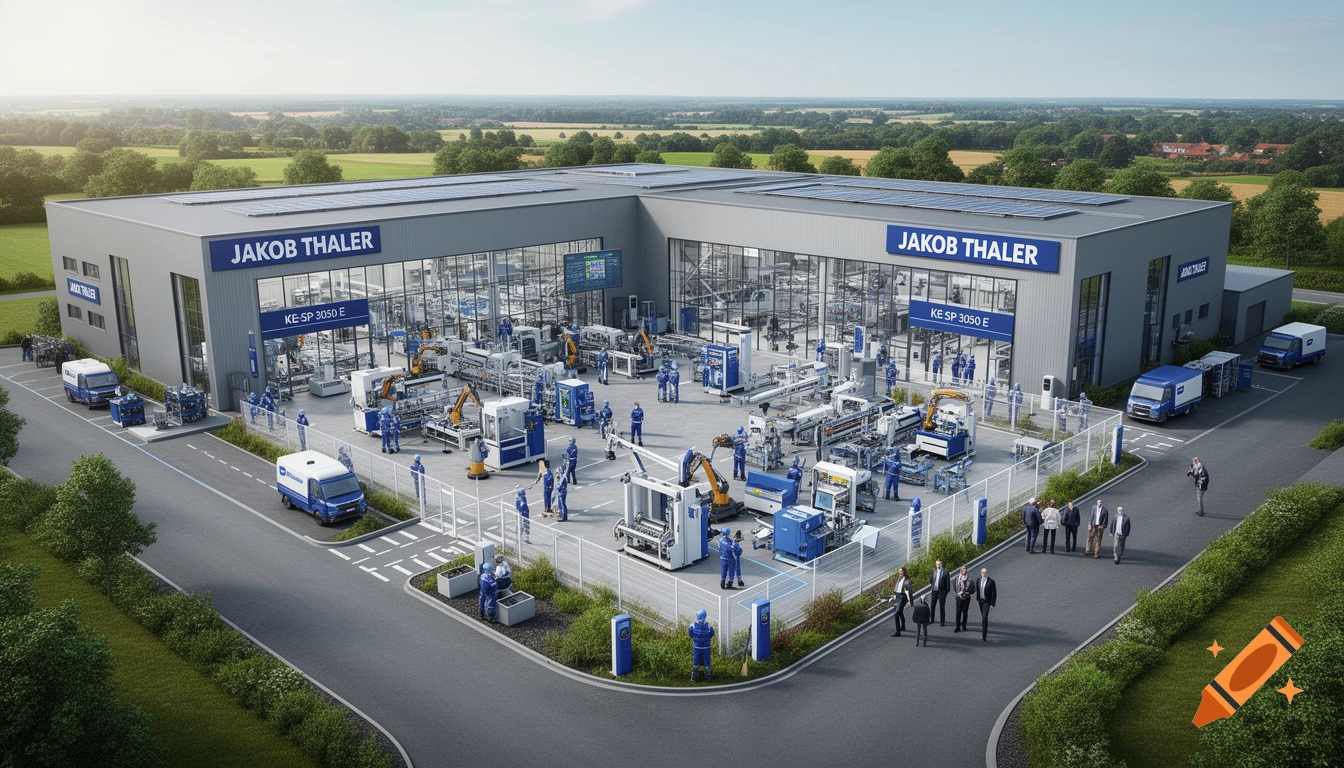 Aerial view of a modern industrial factory complex with company branding and workers, photorealistic style.