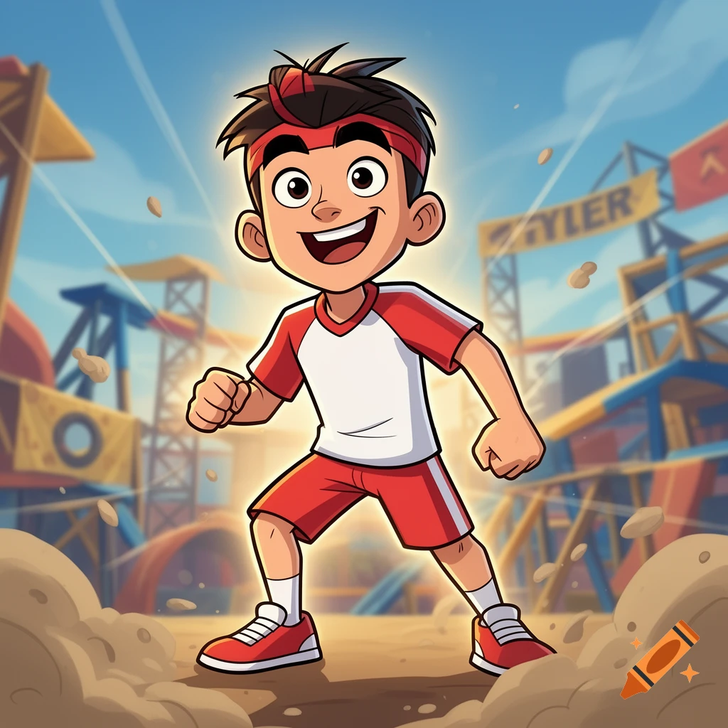 An animated cartoon boy in a red and white athletic outfit striking a dynamic pose in front of a playground.