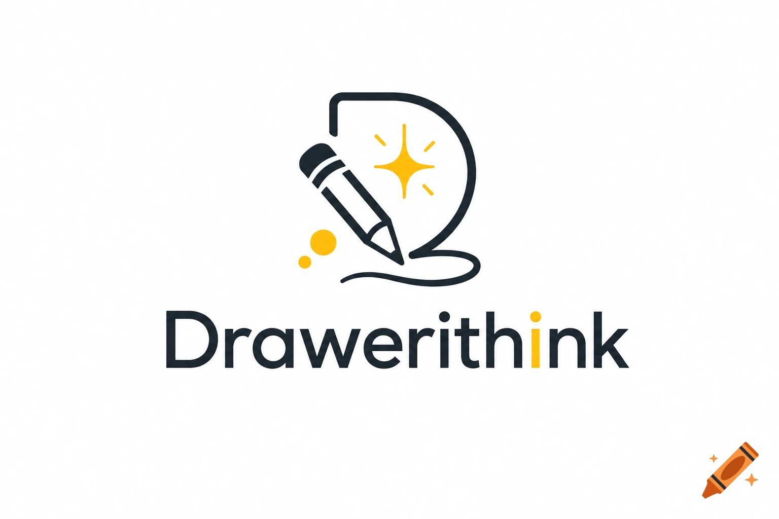 Minimalist logo for Drawerithink featuring a stylized pencil, a star spark, and clean typography.