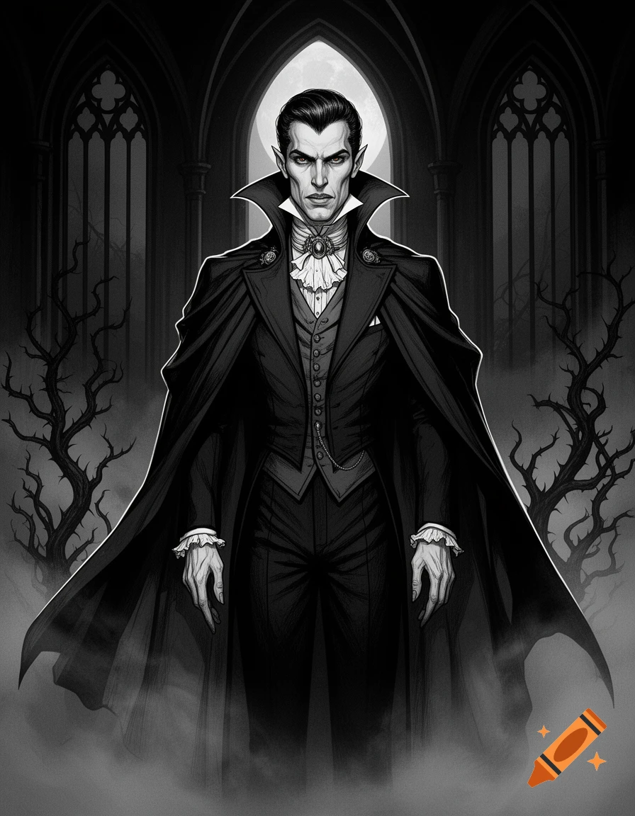 Black and white gothic illustration of Dracula in a suit and cloak standing in front of arched windows and bare trees.