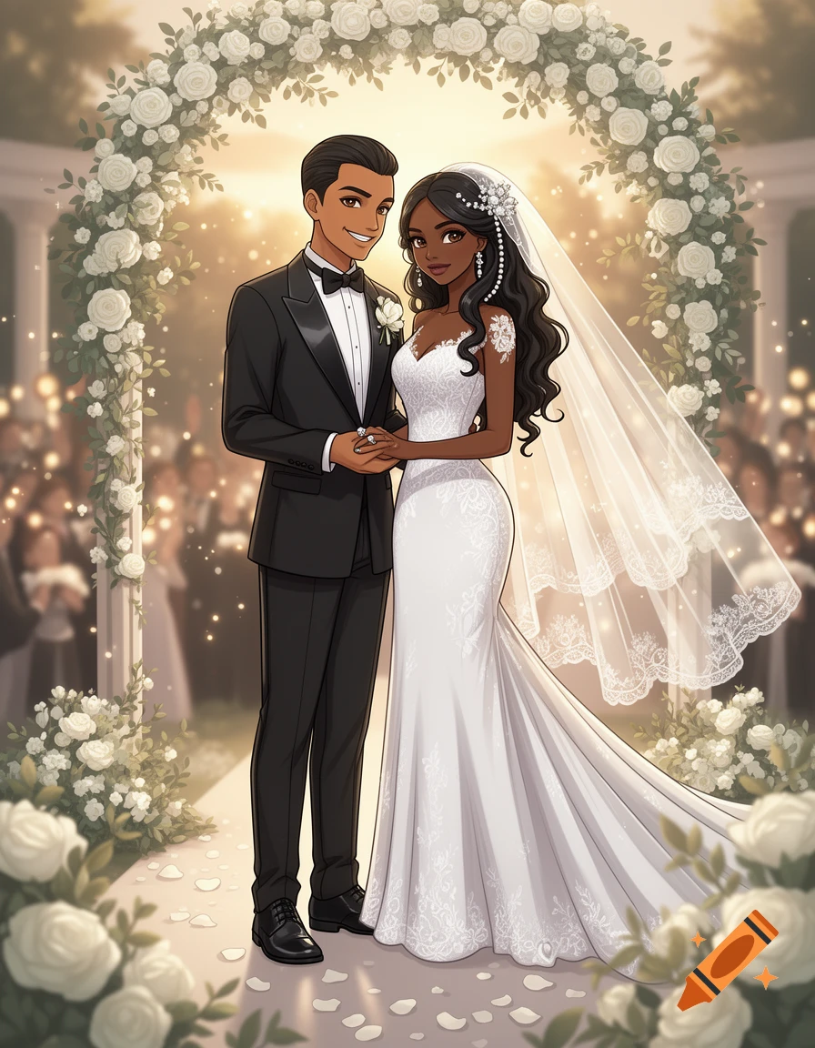 Anime style illustration of a Black bride and groom holding hands under a floral wedding arch.
