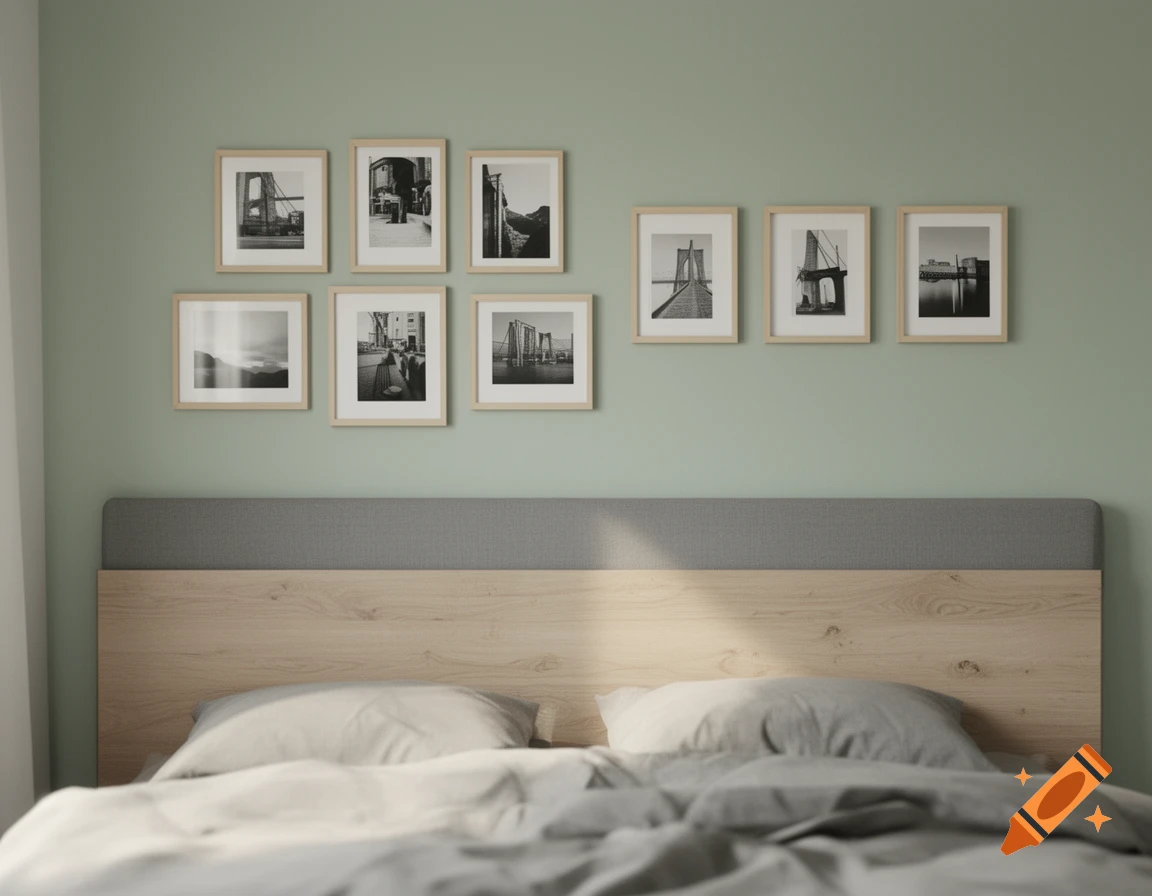 Photorealistic bedroom interior featuring a light oak headboard with grey wall panels, sage green wall, and a gallery wall of framed black and white bridge photographs.