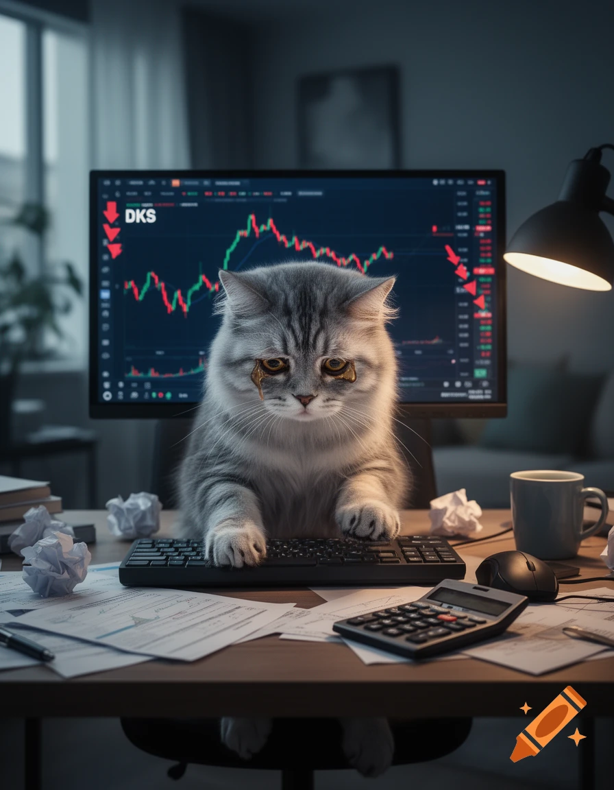 A sad gray cat sitting at a desk with a computer monitor showing stock charts, a calculator, and scattered papers, photorealistic.