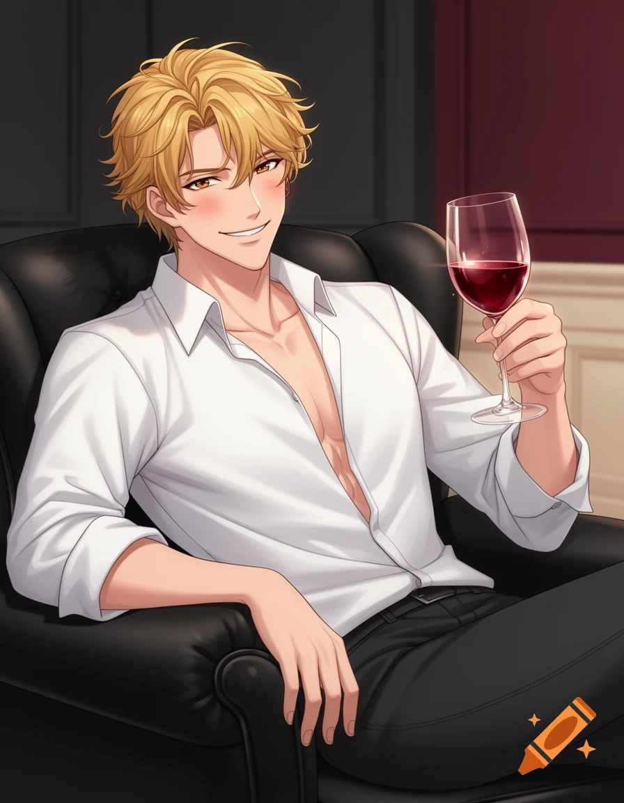 Anime style illustration of a young blond man in an open white shirt holding a glass of wine while lounging in a black armchair.