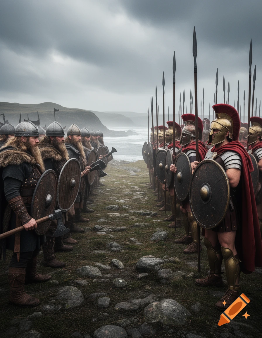 Two opposing lines of warriors, Vikings on the left and Spartans on the right, facing each other on a rocky coast under a cloudy sky.