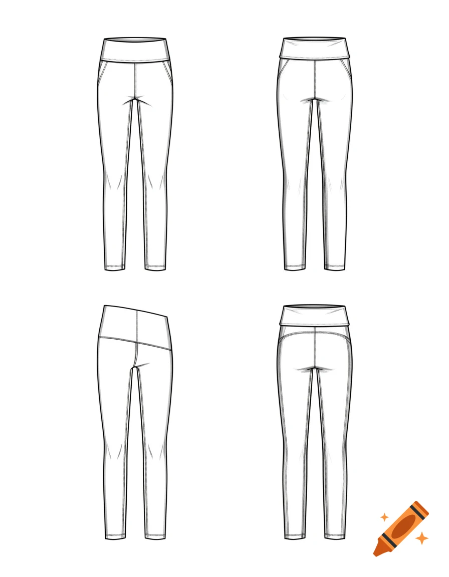 Black and white technical sketch drawing of foldover straight leggings from front, back, and side views.