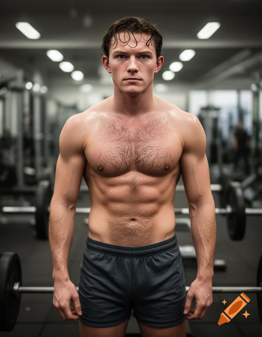 Photorealistic shirtless male resembling Tom Holland, sweaty and muscular, standing in a gym with weights in the background.