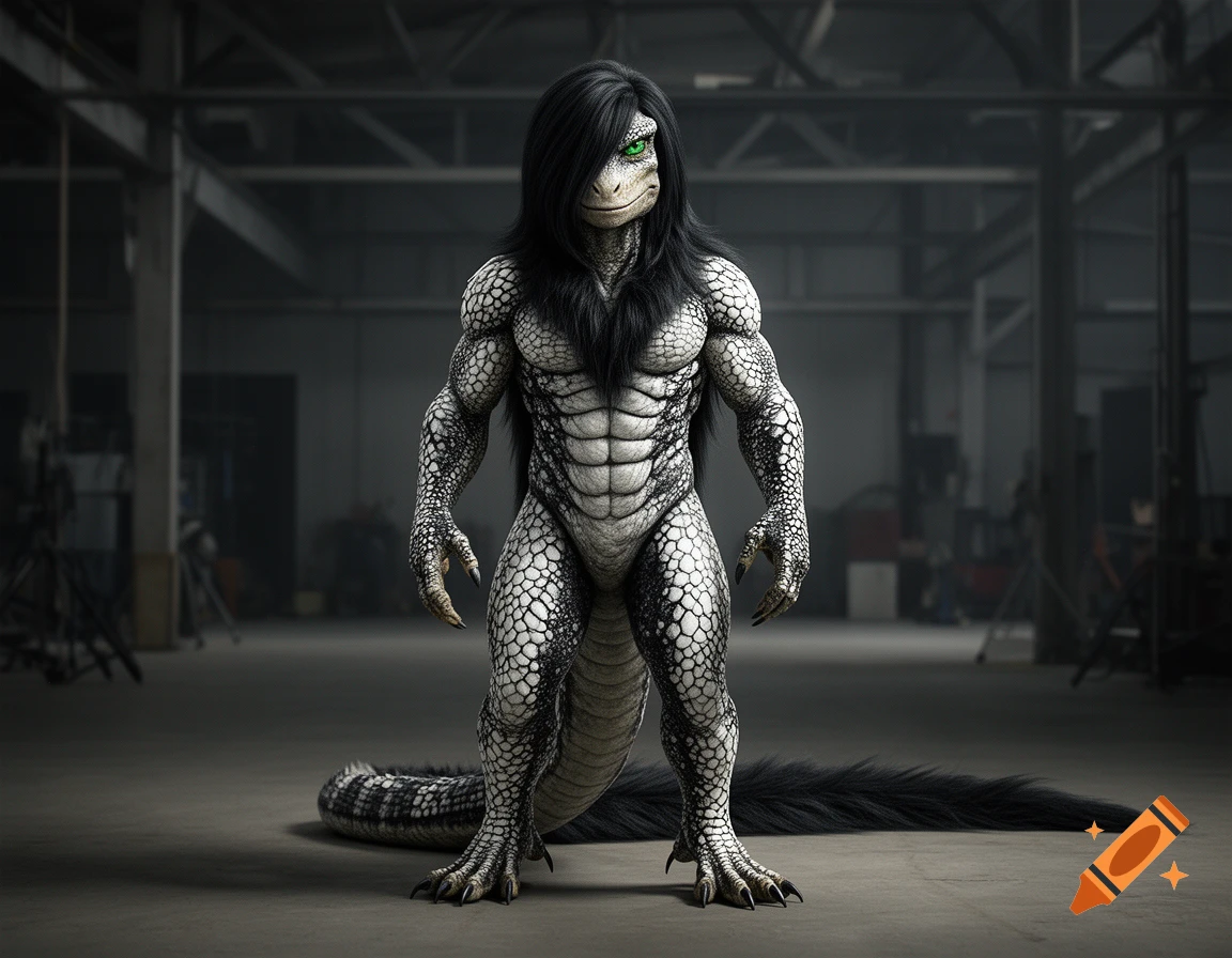 Photorealistic anthropomorphic lizard-like creature with white and black scales, a mane, long tail, and black hair covering one eye, standing in a warehouse.