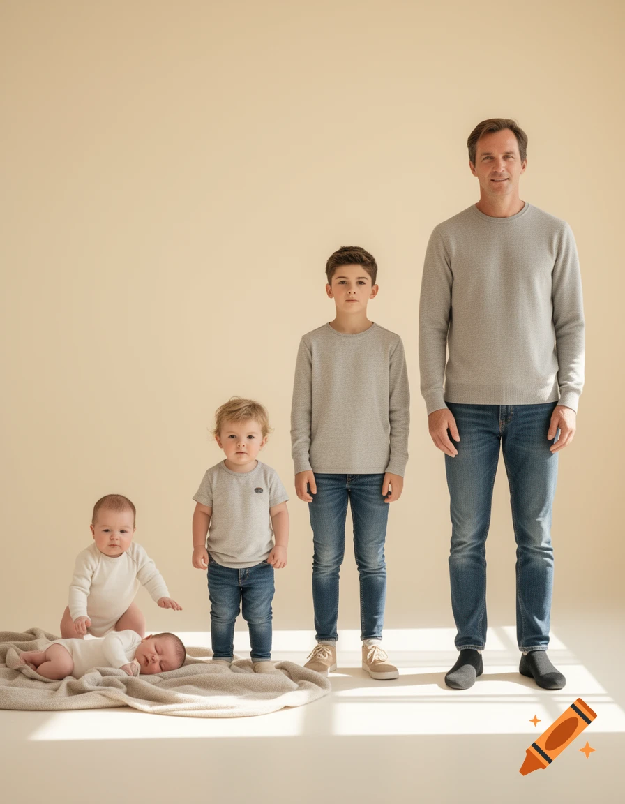 Photorealistic lineup showing the stages of human growth from infancy to adulthood with a baby, toddler, boy, and man against a neutral background.